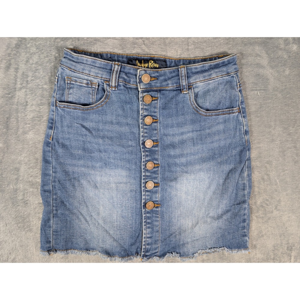 Indigo Rein Denim Skirt Womens 1/24 Medium Wash Button Front Raw Frayed Hem Mini